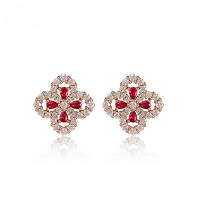 wholesale S925 sterling silver four-leaf clover earrings for women, European and American style, unique and elegant, lab-grown ruby earrings, cross-border bestseller-Rose gold + swimming paint  925 silver