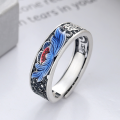wholesale S925 Sterling Silver Retro Vintage Matte Filigree Openwork Resin Lotus Ethnic Style Adjustable Ring-0-0