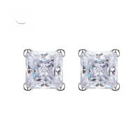 wholesale 925 Sterling Silver Mu Jing Jewelry High Carbon Diamond Ear Studs Bright White Diamond Simple Ins Princess Cut 6*6mm Ice Flower Cut Earrings for Women-E082 White 925 Silver