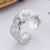 wholesale S925 Sterling Silver Korean Dongdaemun Design Asymmetrical Crinkle Texture Wide Band Trendy Open Ring-DJ1159/white gold about 7.6g &gt; opening adjustable