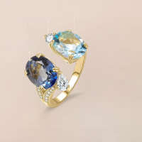 wholesale S925 Sterling Silver Y&M Large Carved Gemstone Open Ring Set with Natural Topaz Twin Ring, Popular European and American Style-Natural Topaz + Colored Crystal Ring Adjustable Opening