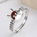 wholesale S925 Sterling Silver Zodiac Year Adorable Rabbit with Red Agate and Coin Inlaid Shield Ring for Women-0-1