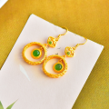 wholesale Gold-plated 925 Silver Certificate Ethnic Vintage Style Jade Earrings, Ruyi Openwork Inlaid with Hetian Jasper-0-5