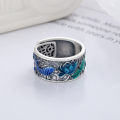 wholesale S925 Sterling Silver Vintage Matte Resin Enamel Hollow-Out Personalized Heart Sutra Lotus Koi Adjustable Ring-0-1