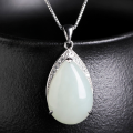 wholesale 925 Silver Inlaid Hetian Jade Pendant with Certificate, New Chinese Style Hanfu Accessory, Elegant White Teardrop Necklace-0-0