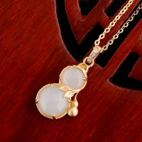 wholesale Antique gold-plated pure silver with certified S925 Hetian jade inlaid gourd pendant collarbone necklace, antique style jade pendant-White jade 6*6+8*8mm gourd pendant (without chain)  925 silver