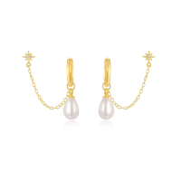 wholesale S925 Sterling Silver Eight-pointed Star With Crystal Accents, Chain Fringe, And Pearl Drop Earrings-Gold#2 925 Silver