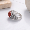 wholesale S925 Sterling Silver Cloud Pavilion Auspicious Cloud Flower Southern Red Agate Ring, Vintage Antique Style Adjustable Index Finger Ring with a Premium Feel-0-3