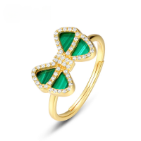 wholesale S925 Sterling Silver Metal Korean and Japanese Light Luxury Vintage Bow Ring with Malachite, Elegant and Sweet Ring for Cross-Border Supply-10K gold + swimming paint Adjustable opening