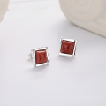 wholesale S925 Sterling Silver Vintage Retro Weathered Square Red Agate Unique Chinese Style Design Ear Stud Earrings-0-0