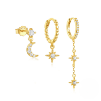 wholesale S925 Sterling Silver Evil Eye Octagram Moon Zircon-encrusted Hoop Earring Set With Classic European Pearls-Set of 3 - Gold#1 925 Silver