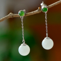 wholesale Sterling Silver with Certificate Hetian Jade Earrings, Minimalist Bead Design, Small Batch Style, National Trend-Inspired, New Chinese-style Dangle Earrings for Women-0-0