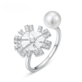 wholesale S925 Sterling Silver Simple Fashion Shell Pearl White Zircon Snowflake Ring for Women, Versatile Wear White Zircon Ring Wholesale-0-0