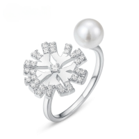 wholesale S925 Sterling Silver Simple Fashion Shell Pearl White Zircon Snowflake Ring for Women, Versatile Wear White Zircon Ring Wholesale-Shell beads Adjustable opening
