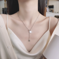 wholesale S925 Sterling Silver Korean-style Beaded Round Chain Small Square Pendant with White Mother-of-Pearl Fringe Trendy Necklace-0-3