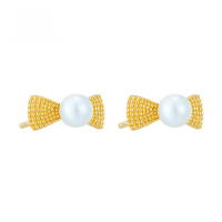 wholesale 10K gold Japanese fresh and preppy style bow-shaped freshwater pearl earrings for female students-Gold>10k