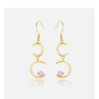 wholesale S925 Sterling Silver Moon Earrings for Women, Long Drop Style, Gold Plated with Crystal Accents, Hook Closure, Minimalist and Elegant Wholesale-005394-Gold 925 Silver