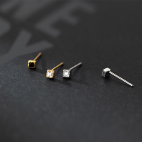 wholesale S925 silver mini square earrings small geometric cube black diamond ear piercing student earrings G8839-S925 silver, a pair of silver black diamonds>925 silver