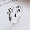 wholesale S925 Sterling Silver Vintage Bohemian Style Antique Unique Three-Dimensional Rose Twin-Stem Twisted Adjustable Ring-0-1