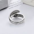 wholesale S925 Sterling Silver Retro Trendy Royal High Bridge Feather Design Cat's Eye Gemstone Inlaid Open Ring for Men and Women-0-2