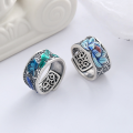 wholesale S925 Sterling Silver Vintage Matte Resin Enamel Hollow-Out Personalized Heart Sutra Lotus Koi Adjustable Ring-0-0