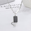 wholesale S925 Sterling Silver Black Square Pendant with English Lettering, Round Bead, and Tassel Necklace, Fashionable Trendy European and American Light Luxury Style Collarbone Chain-0-1