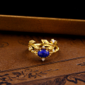 wholesale S925 sterling silver vintage lapis lazuli ring for women, fashionable and unique hollow leaf set ring-0-1