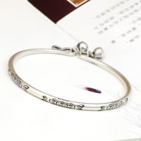 wholesale S925 Sterling Silver Peony Engraved National Style Open-End Design Bells Antique-Inspired Solid Flower Bracelet-One bracelet (1000045)