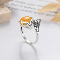 wholesale S925 Sterling Silver Vintage Style Small Fox Amber Beeswax Stone Trendy Chinese-inspired Adjustable Ring-0-2