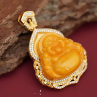 wholesale S925 Silver Natural Beeswax Buddha Pendant, Hand-carved Traditional Chinese Style Laughing Buddha in Chicken-fat Yellow Amber-Beeswax Buddha Pendant>925 Silver
