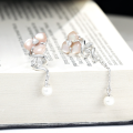 wholesale 925 Silver Summer Asymmetric Three-Leaf Flower Pearl Shell Earrings High-End Elegant Women Tassel Wholesale-0-2