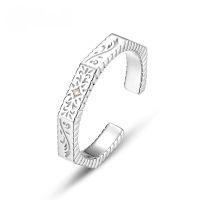 wholesale S925 sterling silver platinum-plated, new Korean-style minimalist geometric couple's ring with vintage pattern, open-adjustable-Thick silver platinum Adjustable opening