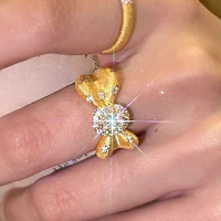 wholesale Metal Material: 925 Sterling Silver Vintage brushed gold finish 5*7 bow micro-set ring design, princess style-R1430 Brushed Bow Ring 0 9