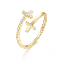 wholesale S925 Sterling Silver Zirconia Double-layer Cross Ring, Korean Style High-end Joint Ring With Simple Zircon Accent-Gold Adjustable opening