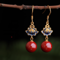 wholesale Silver-gilt, Enamel Cloisonné, Imperial Cinnabar Bead Earrings with Lotus Motif in Neo-Chinese Palace Retro Style-0-0