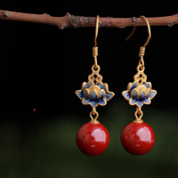 wholesale Silver-gilt, Enamel Cloisonné, Imperial Cinnabar Bead Earrings with Lotus Motif in Neo-Chinese Palace Retro Style-10mm cinnabar beads with auspicious clouds (96% cinnabar content)  925 silver