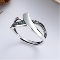 wholesale S925 Sterling Silver Retro Minimalist Multi-Layer Cross Hollow-Out Geometric Ring Unisex Adjustable Open Ring-0-0