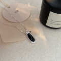 wholesale S925 Sterling Silver Geometric Oval Black Onyx Necklace Women's New Korean Style High-End Sense Collarbone Chain Trendy-0-5