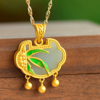 wholesale 925 Sterling Silver Hanfu Ornament, Ancient Style Cold Enamel Bamboo Announcing Peace Ruyi Longevity Locket with Hetian Jade Pendant-Gold Model Single Pendant without Chain