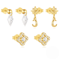 wholesale S925 Sterling Silver Zircon-encrusted Flower Octagram Stud Earrings, Trendy Four-leaf Clover Ins Style-0-0