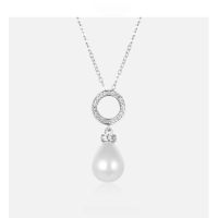 wholesale S925 Sterling Silver Korean Cross-Border Minimalist Zircon Necklace for Women, Diamond-Inlaid Hollow Round Pearl Pendant Collarbone Chain-003259-Platinum>S925 Silver