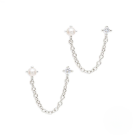 wholesale S925 Sterling Silver Ins Tassel Ear Wire Chain Single Zircon Pearl Earring Stud European Best-selling French Style Earrings-Platinum-Style 2 925 Silver