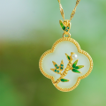 wholesale Sterling Silver Vintage Chinese Style Four-Leaf Clover Pendant with Hetian Jade and Enamel-0-0