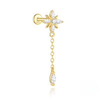 wholesale S925 Sterling Silver Geometric Octagram Stud Earrings With Chain Tassel And Crystal Accents-Single gold #7