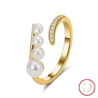 wholesale S925 Sterling Silver Jewelry, Natural Freshwater Pearl Open Ring, Zircon Inlaid Fashion Design Wholesale-14K gold, adjustable ring  925 silver