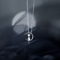 wholesale S925 Silver, Nalan's Small Cat Crescent Moon Pendant Necklace for Women, Elegant Korean-style Delicate Choker D8180-S925 Silver Necklace 925 Silver