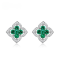 wholesale S925 Sterling Silver Gold-Plated, Vintage-inspired Cross-border New Clover Hollow Out Cultivated Emerald Stud Earrings for Women-0-0