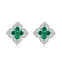 wholesale S925 Sterling Silver Gold-Plated, Vintage-inspired Cross-border New Clover Hollow Out Cultivated Emerald Stud Earrings for Women-Cultured Emerald 925 Silver