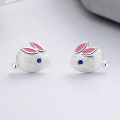wholesale S925 Sterling Silver Cute Resin Enamel Pink Rabbit Wire Drawing Technique Birth Year Bunny Ear Studs-0-0