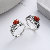 wholesale S925 Sterling Silver Multi-layer Line Nanhong Agate Inlaid Dragonfly Lotus Ring, Artistic Vintage Ethnic Style-959JM/polished about 3.8g Opening adjustable